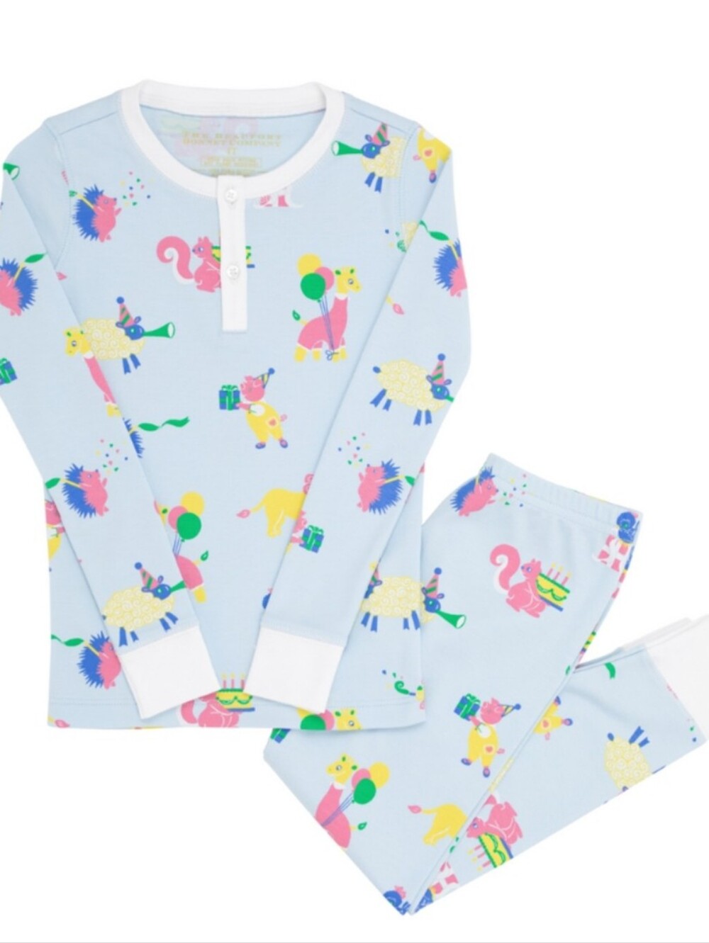 Light Blue Kids Pajama Set with Colorful Animal Party Print Birthday